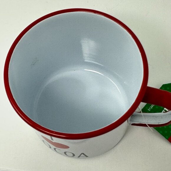 Sleigh Bell Bistro I Love Cocoa Metal Mug Red Rim White Enamel Cup 20 oz Holiday - Picture 3 of 14